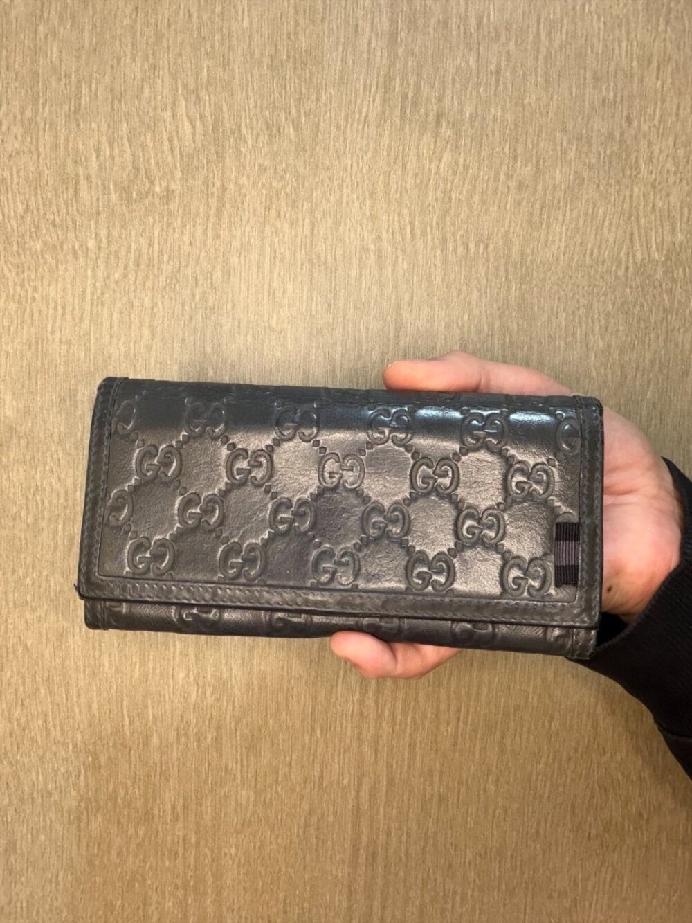Gucci Guccissima Dark Grey Leather Continental Wallet Web Stripe Flap